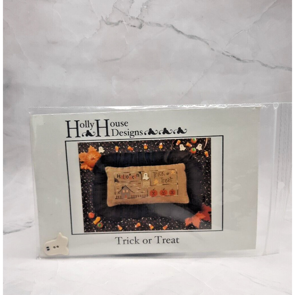 Holly House Designs Counted Cross Stitch Pattern Trick or Treat Halloween Pillow